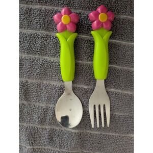 Gerber Graduates Toddler Flower Spoon Fork Set Pink Green Stainless Steel